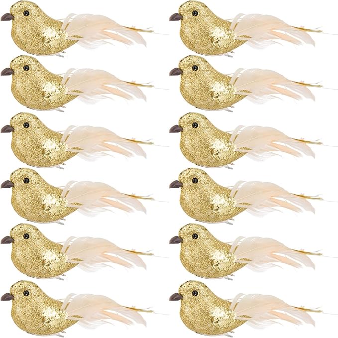 Cosweet 12 Pcs Gold Cardinal Artificial Birds with Clip - Cardinal Bird Christmas Ornament with Feather Wreath Flower Arrangement Supplies for Xmas Tree Party Decor DIY Craft Gifts