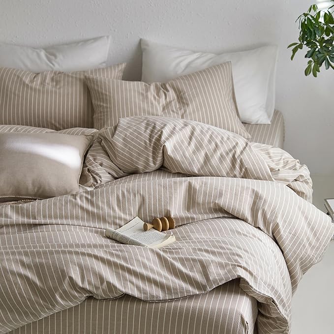MooMee Striped Duvet Cover Set 100% Washed Cotton Linen Like Textured Breathable Durable Soft Comfy (Tannish Linen Grey White Wide Stripes, Twin 68"x90")