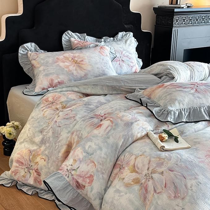 HighBuy Girl Floral Linen Duvet Cover Queen,Boho Floral Blue Coquette Bedding with Ruffle Lace,Yarn-Dyed Textured Duvet Cover Set French Farmhouse Bedding Cooling Breathable for Hot Sleepers