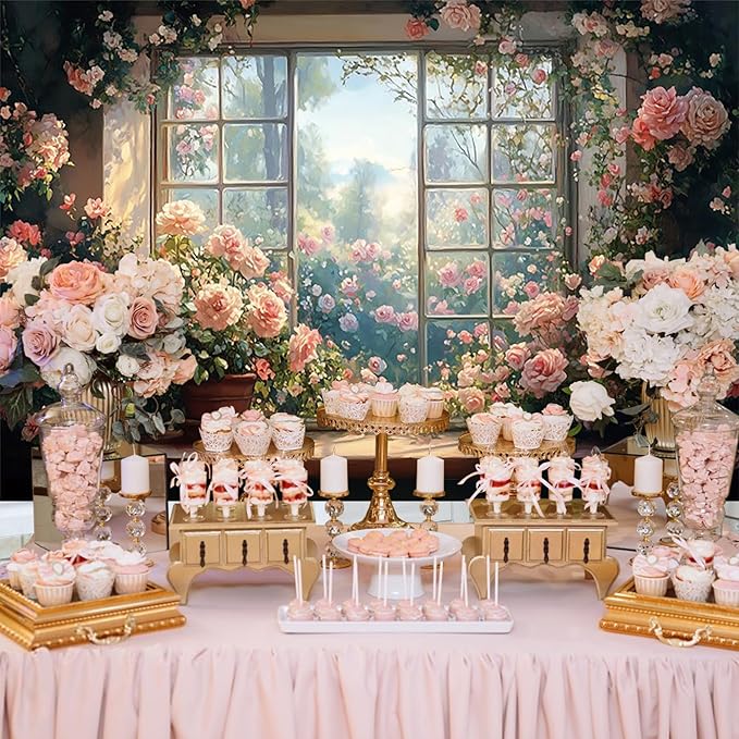 Baocicco 10x8ft Window Floral Backdrop Photography Flowers Wedding Bridal Shower Photography Background Retro Oil Painting Flower Banner for Girls Women Birthday Newborn Party Decorations Props