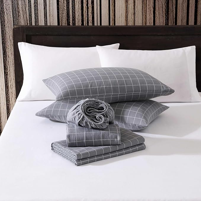 Eddie Bauer - King Bed Sheets, Cotton Flannel Bedding Set with Matching Pillowcases, Brushed for Extra Softness, Deep Pocket, Oeko-Tex Certified (Great Plains Plaid Grey)