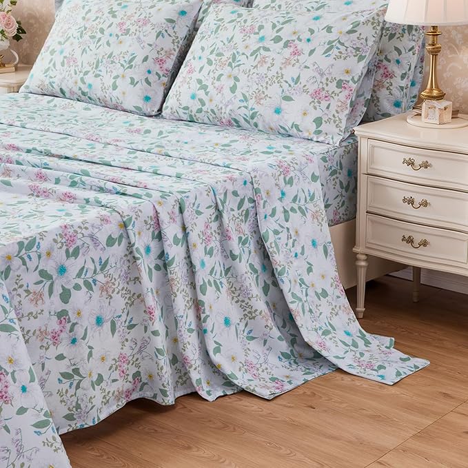 FADFAY Full Size Sheets Set 100% Cotton Vintage Floral Shabby Flowers & Leaves Pattern Farmhouse Bedding Set Deep Pocket Sheets with 2 Pillowcases Breathable Soft 4Pcs, Full