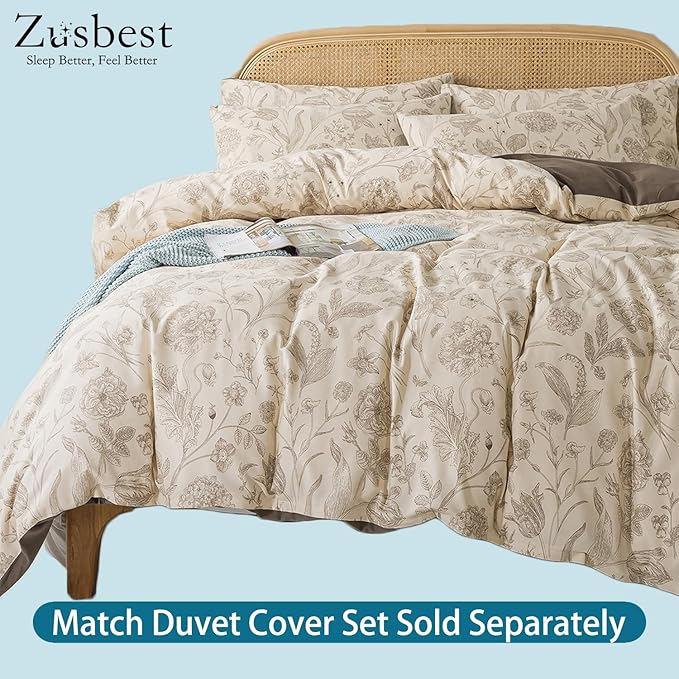 Zusbest Queen Sheet Set 100% Percale Cotton Beige Floral Bed Sheet Set, Brushed for Extra Softness, Breathable Luxury Toile Flannel Sheets Like Khaki Flower Print Deep Pocket Sheets 17.5'' 4 Pcs