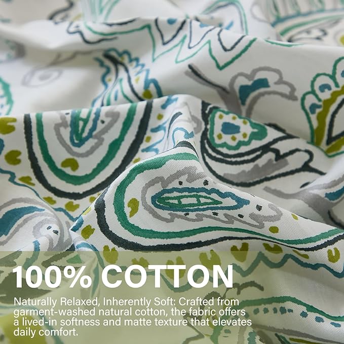 100% Cotton Floral Duvet Cover Queen - Green Paisley Comforter Cover 3-PC, Soft & Breathable Bedding Duvet Cover Sets with Zipper Closure & Corner Ties, Retro Duvet Cover Sets
