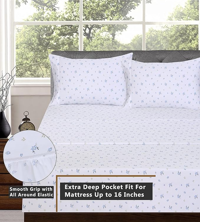 RUVANTI 100% Cotton Sheets Queen Size Set, 4 Pieces, Soft & Breathable Percale Weave Bedding, Deep Pocket 16", Hotel Standard, Crisp Cool Feeling, Durable, Perfect Floral Bed Sheet, Phulkari