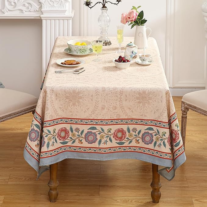 Beige Linen Long Rectangle Tablecloth,Vintage Indian Style Soft and Colorfast Floral Tablecloths,Decor Table Cover for Kitchen,Dining,Thanksgiving,Christmas,63"*102"-Flowershadow E