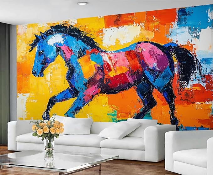 Abstract Horse Wall Mural, Colorful Horse Art 3D Wall Murals, Bold Abstract Animal Wallpaper Mural, for Living Room Bedroom Large Wallpaper Indoor Decor 137.8" W x100 H