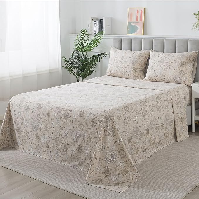 FADFAY Light Khaki Vintage Hydrangea Floral Queen Size Sheets Set 100% Brushed Cotton Shabby Peony Pattern Bedding Set Deep Pocket Sheets with 2 Pillowcases Luxury Daisy Breathable Soft 4pcs, Queen