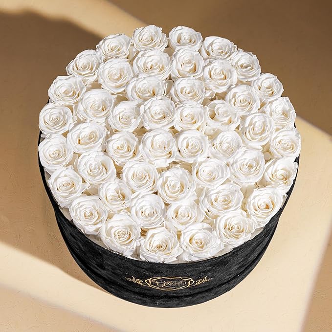 47 Flowers in a Luxury Suede Box, Birthday Gifts for Women, Preserved Flowers, Mothers Day Roses Gift for Mom, Pure White