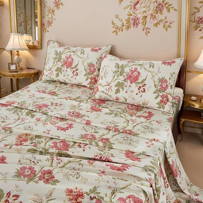 Brandream King Size Sheets Set Floral Bedding Chinoiserie Blossom Farmhouse Luxury Grandmillennial Bedding Collections 100% Egyptian Cotton Deep Pocket, 4 Pieces - Asian Style Botanical Tree Branches