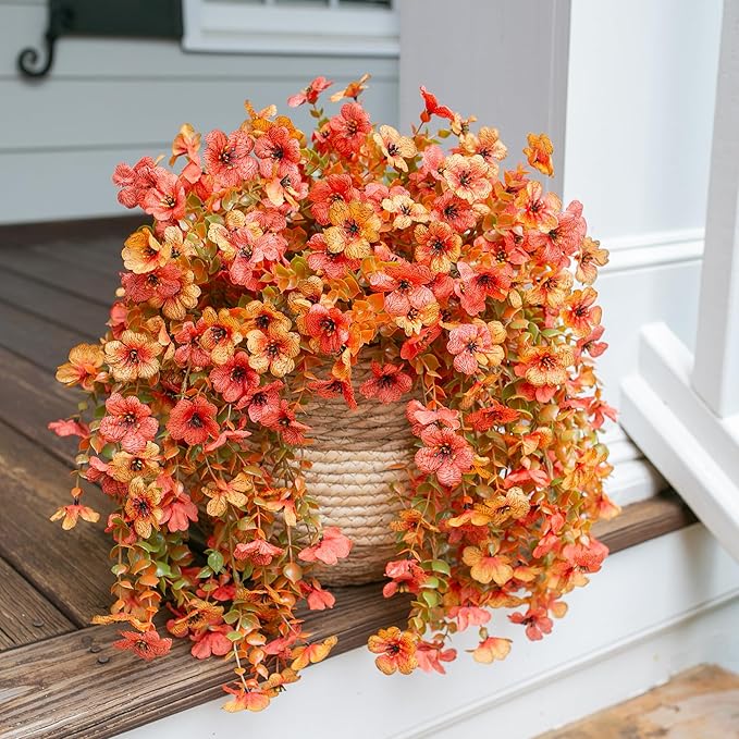 INSPRING Artificial Mums for Outdoors Decoration Fall Fake Flowers for Outside Decor, 2Pcs Silk Daisy with Eucalyptus UV Resistant Realistic Vines for Front Door Yard Patio Porch Planter Home