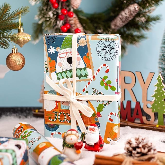 MAYPLUSS Christmas Metallic Foil Shine Gift Wrapping Paper - 17 Inch X 33 Feet - Cute Polar Bear on Scooter, Snowman, Candy Cane and Deer Pattern Gift Wrap Present Paper Roll for Winter, Holiday