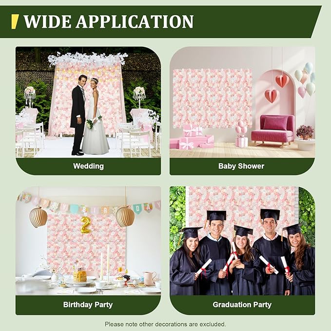 12 PCS Artificial Flowers Wall Decoration 24" x 16" Decorative Rose Hydrangea Flower Panels Flower Wall for Home Party Wedding Christmas Festival Photo Backgdrop Decor (12 Pcs, Pink+Yellow)