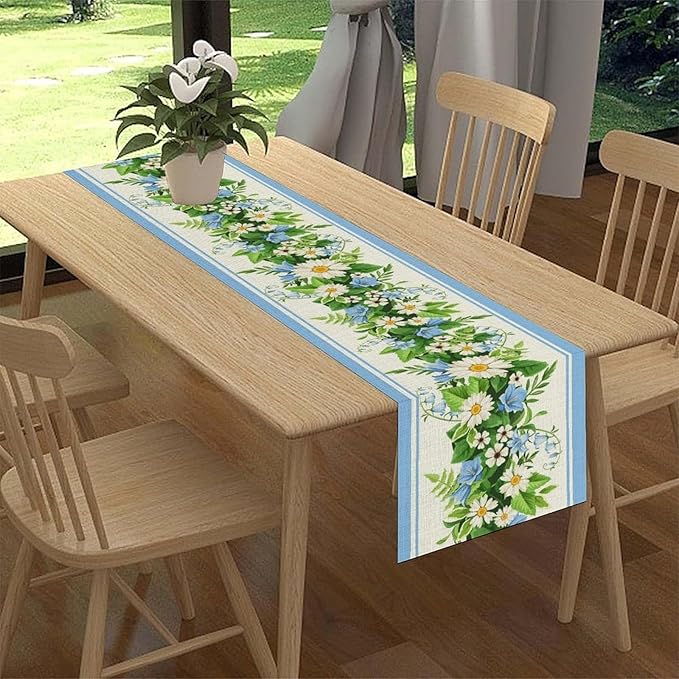 Wild Flower Table Runner, Vintage Seasonal Spring Daisy Flower Rustic Blue Farmhouse Table Center Decor for Family Kitchen Farmhouse Holiday Party Table Decorations Indoor Outdoor 13x72 inch