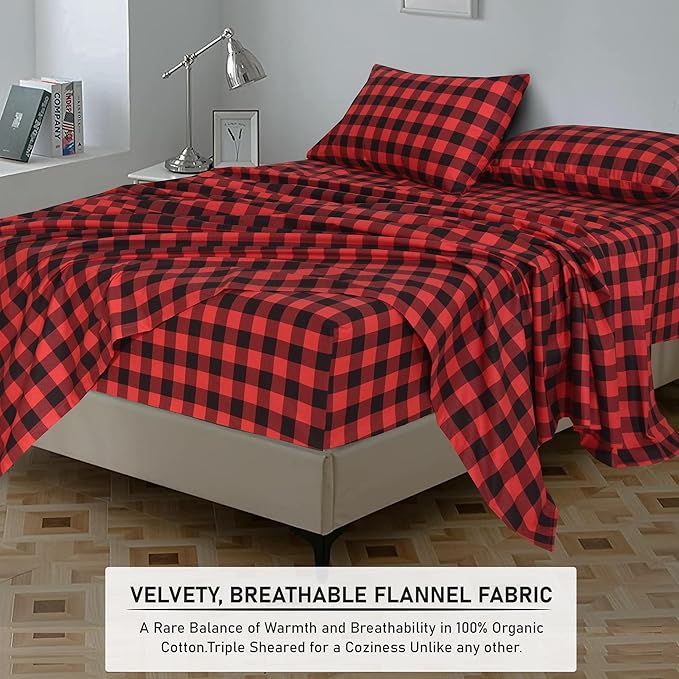 RUVANTI Flannel Sheets Twin Size - 100% Cotton Double Brushed Twin Sheets Set, Deep Pockets 16 Inches, All Seasons Breathable & Extra Soft Bed Sheets, Warm & Cozy, 3 Piece, Red & Black Plaid