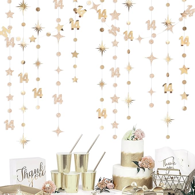 Champagne Gold 14th Birthday Decorations Number 14 Circle Dot Star Garland Streamer Banner Backdrop for Girls Boys Cheers to 14 Years Old Birthday Happy 14th Anniversary Party Supplies