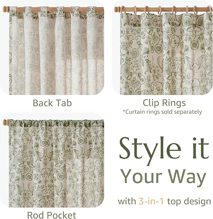 jinchan Linen Floral Curtains for Living Room with Printed Flower 96 Inches Long Light Filtering Farmhouse Window Treatment Vintage Drapes Back Tab Rod Pocket 2 Panels Green on Beige
