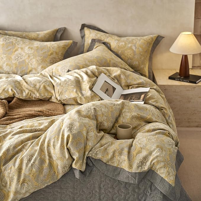 VM VOUGEMARKET Jacquard Floral Duvet Cover Set King,Yarn-Dyed Cotton Yellow Gold Flower Duvet Cover Bordered,Vintage Garden Style Bedding Set King