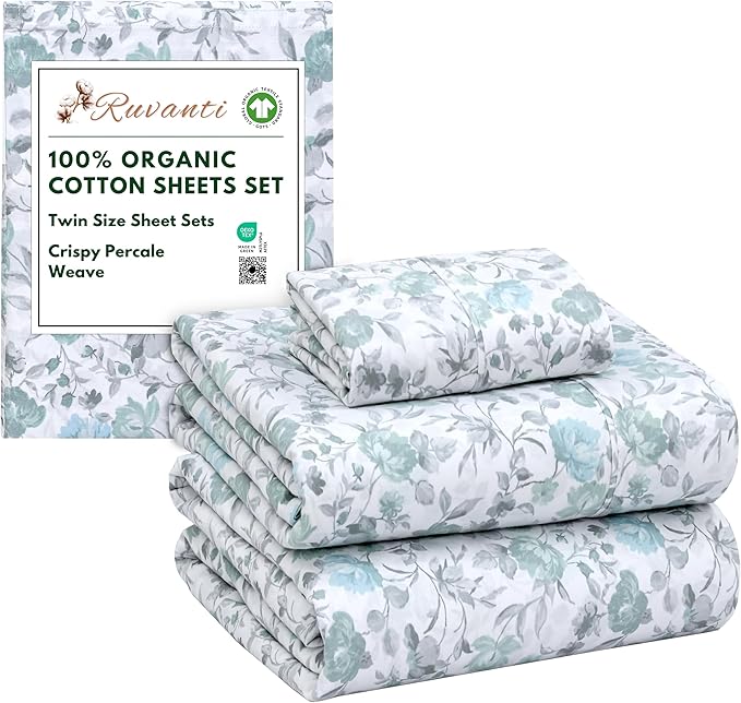 RUVANTI 100% Organic Cotton Sheets Twin Size, Percale Weave, GOTS Certified, 3-Piece Set, Deep Pocket 15", Crisp & Breathable, Soft Durable Bedding, Sábanas Algodón Orgánico – Cold Chrysanthemum
