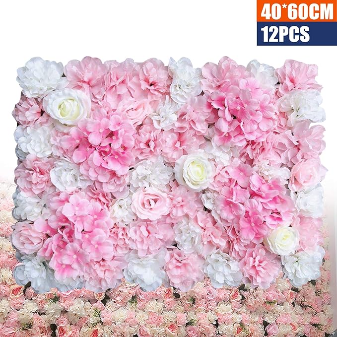 16"x 24" Artificial Flower Wall Panels,Flower Wall Mat Silk Flower Panels for Outdoor Garden Backyard Fence Fence Privacy Screen and Indoor Wall Decor(12Pcs Pink+White,Style 2)