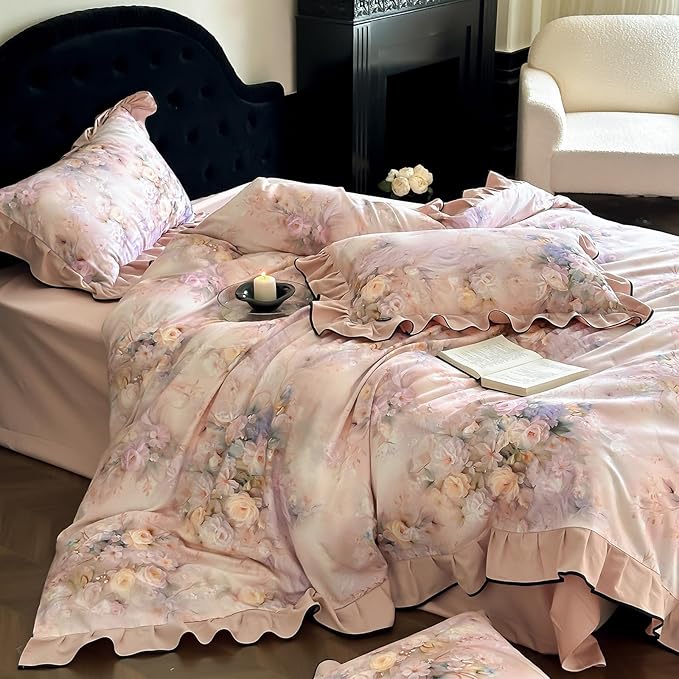 HighBuy Farmhouse Ruffle Duvet Cover Full Size,Pink Floral Lace Ruffle Design Durable Brushed Cotton Duvet Cover Set Coquette Soft Comforter Cover Ruffled,3 Pieces Cottagecore Bedding Set