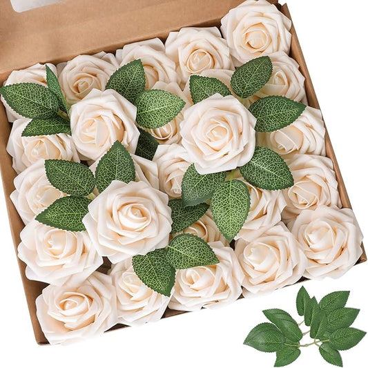 AmyHomie Artificial Flowers Champagne Rose 50pcs Real Looking Fake Roses w/Stem for DIY Wedding Bouquets Centerpieces Arrangements Party Baby Shower Valentines Day Christmas Tree Decorations