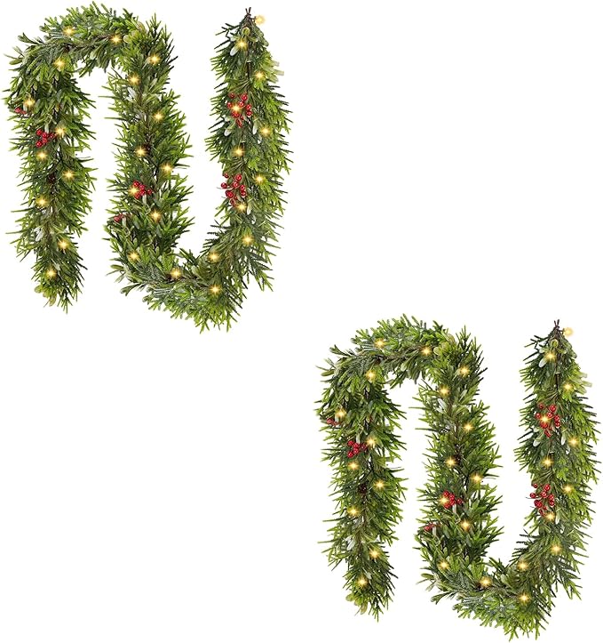 2PCS 6FT Christmas Decor Artificial Norfolk Pine Garland,Realistic Artificial Garland Greenery for Fireplace Table, Mantle Wall, Indoor Outdoor Winter Holiday Decorations(2, 6FT)