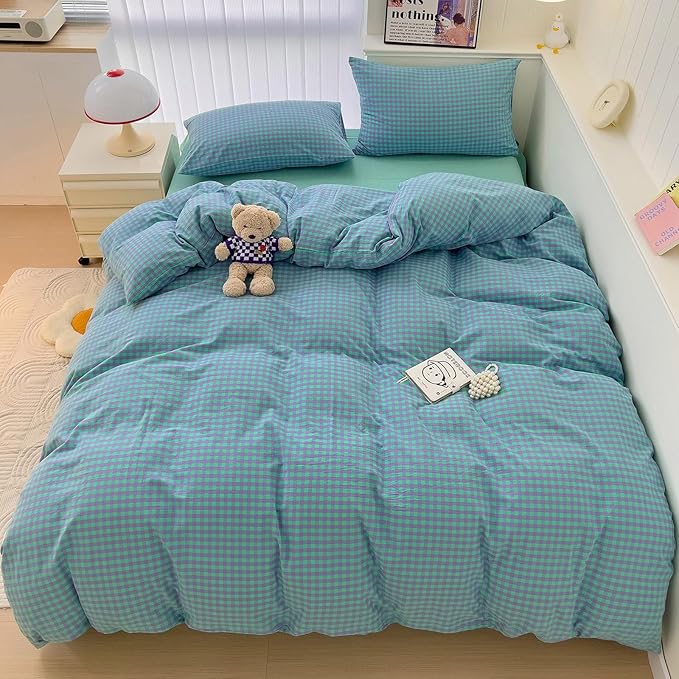 LifeTB Queen Comforter Set Green Gingham Bedding Comforter 3 Pieces Checkered Pattern Comforter Set Green Purple Plaid Grid Bed Comforter with 2 Pillowcases Fluffy Soft Gingham Bedding Set Queen Size
