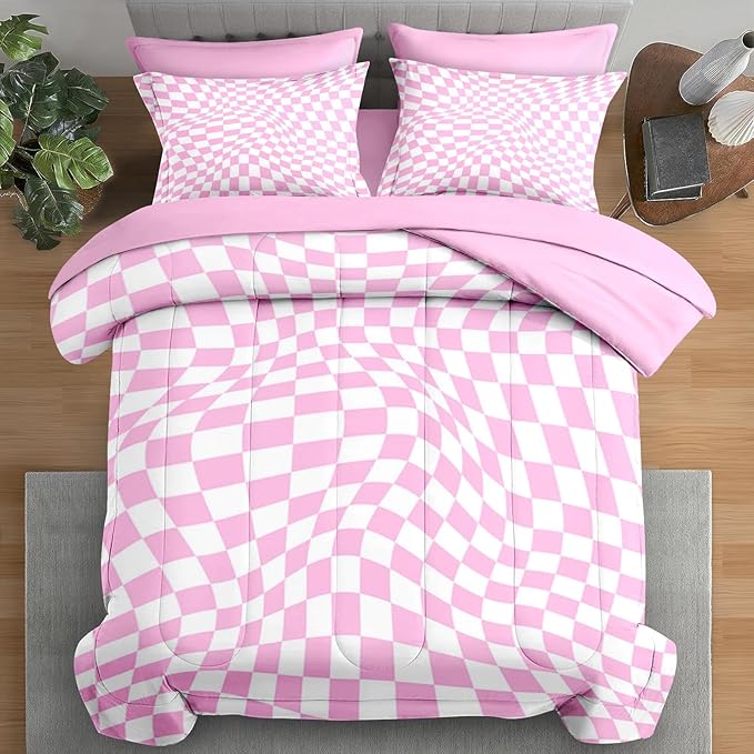 Comforter Set Queen Size, Pink Cool Geometric Plaid 7 Pcs Bedding for Kids and Adults, Chess Checkered Baby Bed Sheet Sets with Fitted Sheet 2 Pillowcase & 2 Sham for Bedroom Bed Decor