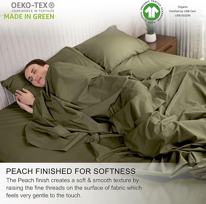 RUVANTI 100% Organic Cotton Sheets Split King, Percale Weave, GOTS Certified, 5-Piece Set, Deep Pocket 15", Crisp & Breathable, Soft Durable Bedding, Sábanas Algodón Orgánico – Olive