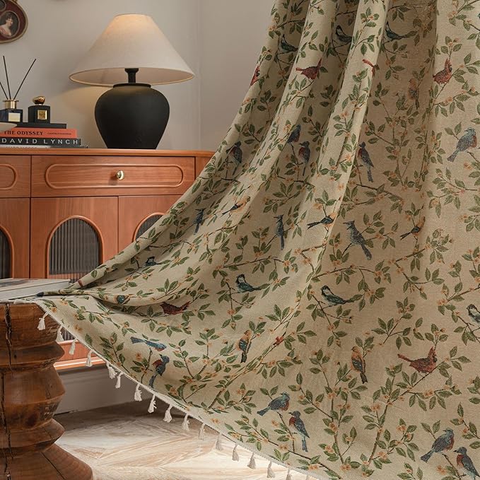 ENJOYBRIDAL Floral 96 Inch Curtains for Bedroom Jacquard Drapes Bird Patterned Semi Sheer Boho Long Window Curtains Living Room 2 Panels Farmhouse Rod Pocket Light Filtering Decor Window Treatments