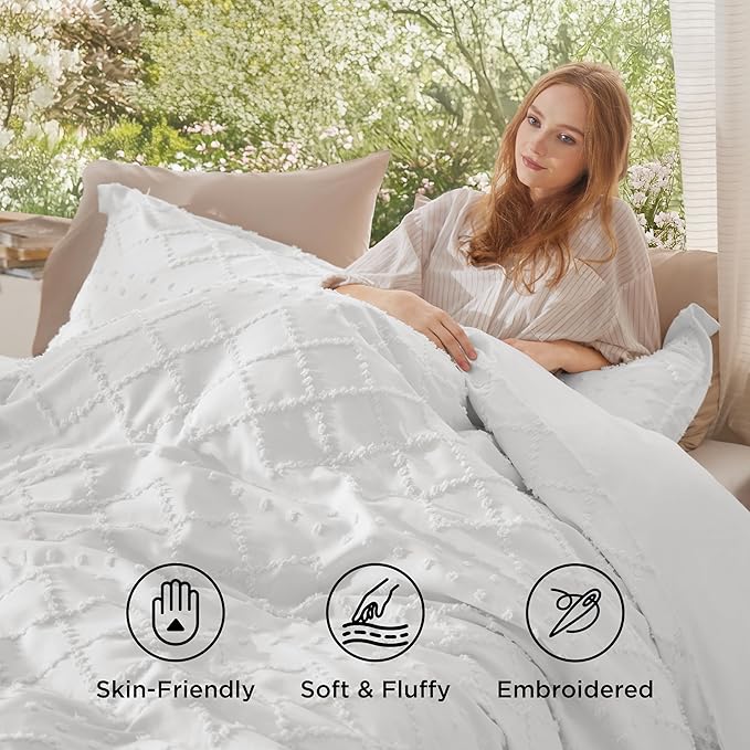 Bedsure Boho Duvet Cover Full Size - White Breathable & Soft Boho Bedding, Machine Washable Comforter Cover for All Seasons, Includes 1 Duvet Cover 80"x90" with 2 Pillow Shams & Zipper Closure