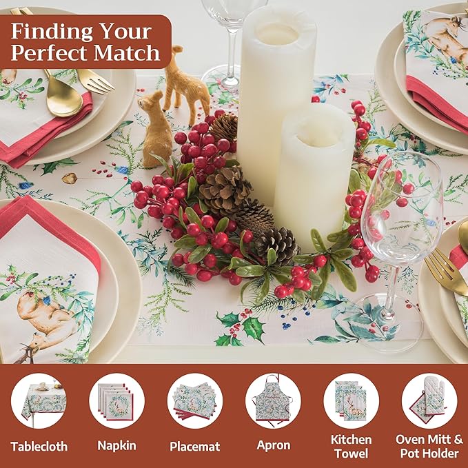Maison d' Hermine Table Runner 100% Cotton Double Layer Table Runners 108 inches Long for Thanksgiving Christmas Decorations Home Kitchen Dining Party Wedding (Holly Time, 14.5" x 108")