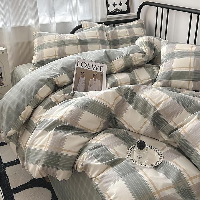 Plaid Queen Comforter Set Geometric Plaid Grid Comforter Set Fluffy Microfiber Bedding Comforter Farmhouse Checkered Comforter Set for All Season 3 Piece Plaid Bedding Comforter Set Queen Size Set
