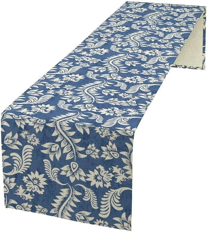 Vintage Floral Table Runner, Rustic Blue White Paisley Flower Boho Farmhouse Decor Table Runner for Kitchen Dining Home Party Decor, 13x36 Inch