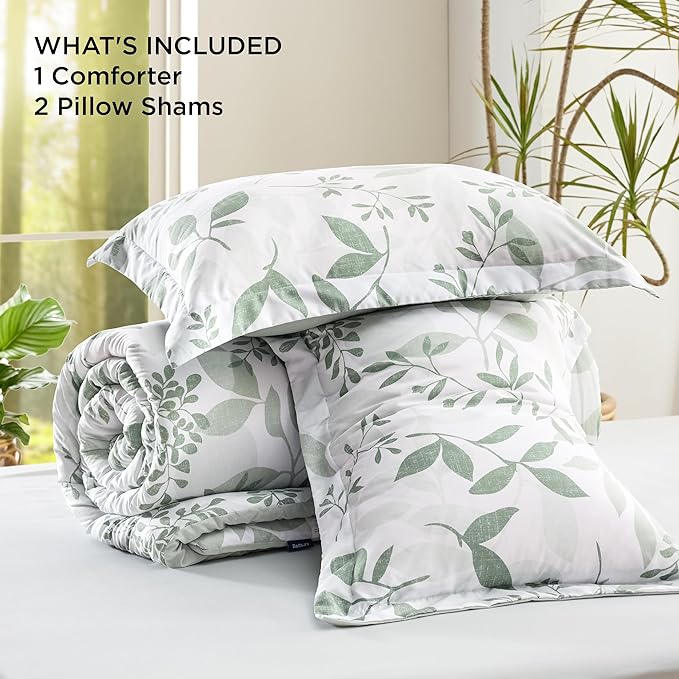 Bedsure Comforter Set Full Size - Cute Floral Bedding Comforter Set, 3 Pieces, 1 Soft Reversible Sage Green Botanical Flowers Comforter and Pillow Shams