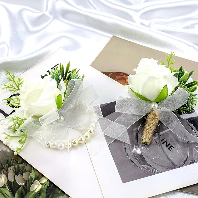 SITUMEIZI Ivory Rose Wrist Corsage and Boutonniere Set Corsage Wristlet Band Bracelet for Prom Decor Boutonniere for Men Wedding White Flowers Accessories Party Suit Decoration