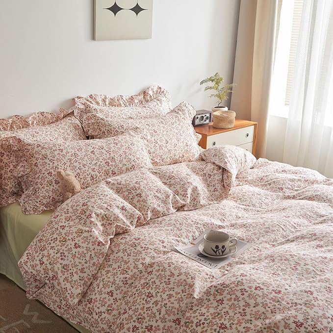 LifeTB Pink Flower Comforter Set Queen Floral Printed Aesthetic Bedding Set Vintage Garden Style Floral Comforter with 2 Pillowcases Girls Cute Flower Botanical Bedding Queen Bed Comforter Set