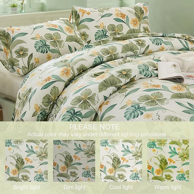 Bedding_Dreamer Green Floral Comforter Set Queen 100% Cotton Comforter Garden Style Bedding Flower Leaf Botanical Bed Chic Boho Home Decor