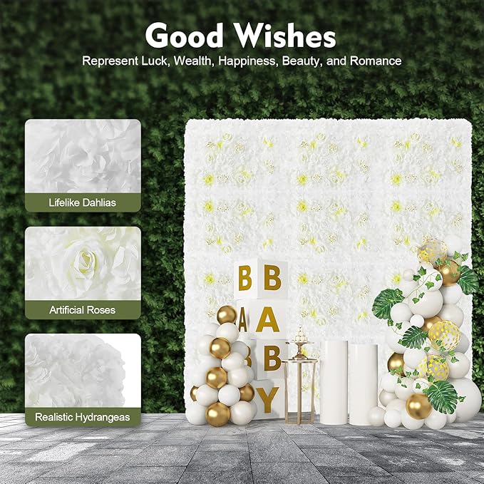 Artificial Flower Wall Panels, Silk Wedding Flower Wall Backdrop Panel, 3D Floral Panel Artificial Floral Wall Mat Flower Screen for Photo Party Wedding Wall Background Decor (12PCS White)