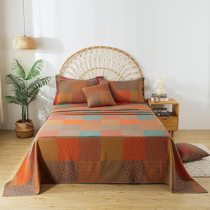 FADFAY Grid Sheets Set Queen Vintage Checkered Floral Bedding Shabby Geometry Farmhouse Bedding Super Soft Washed Double -Layer Muslin Sheets 100% Cotton Deep Pocket Fitted Sheet 4Pcs, Queen Size