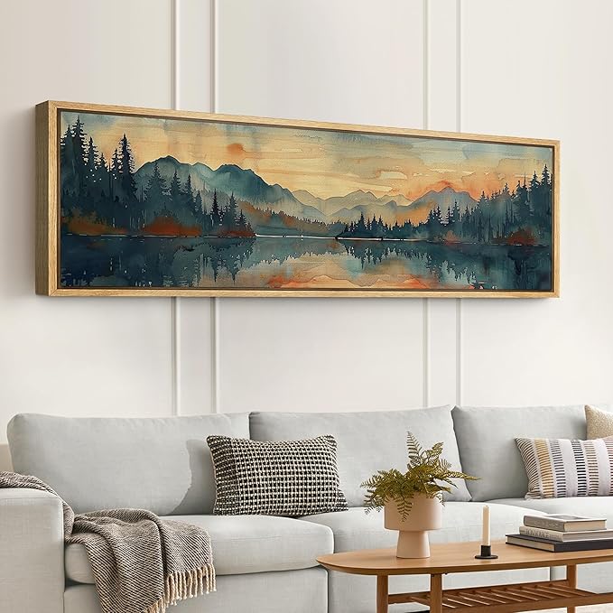 SIGNFORD Large Framed Canvas Print Wall Art Peaceful Lake and Forest Illustrations Modern Art Calm Warm for Living Room, Bedroom, Office - 60"x20"