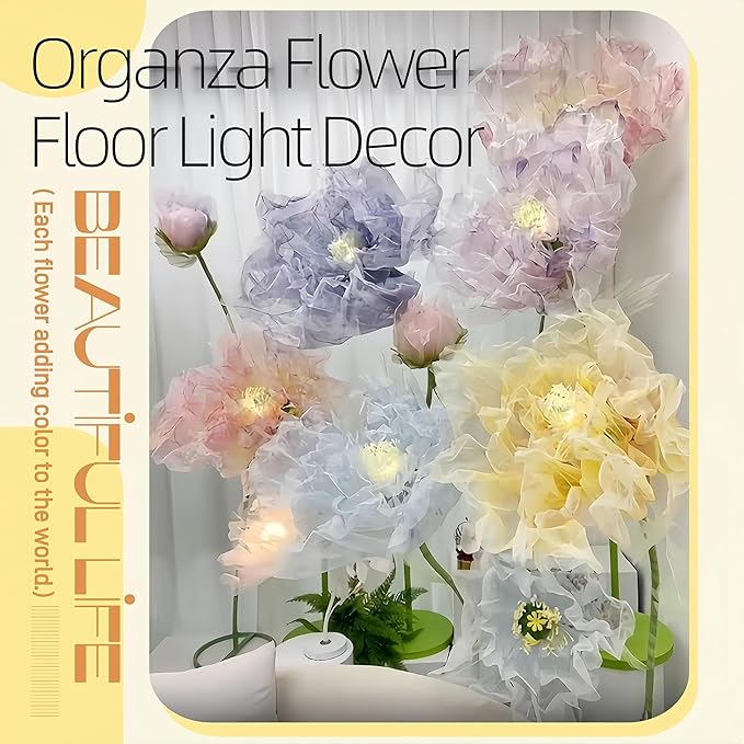 Giant Flowers for Decoration, 5 ft Large Organza Floral with LED Light, for Wedding Arrangements, Birthday Christmas Party Backdrop Decor, Photography Props, Shop Window Display