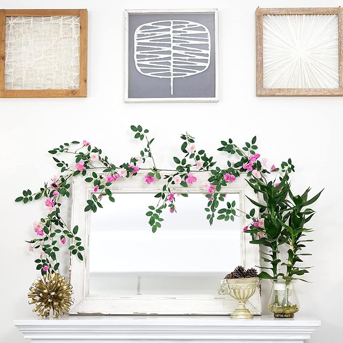 FiveSeasonStuff Fuchsia Pink Flower Garlands, Artificial Silk Wild Roses Bendable Vine Leaves Hanging Flowers for Wall Decoration Basket Trellis Wedding Home 2 Pack 12 ft