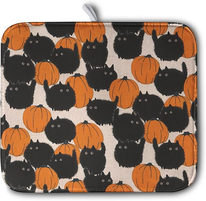 Happy Halloween Dish Drying Mat for Kitchen Counter 16x18 Inch Cute Pumpkin Black Cat Trick or Treat Drying Mats Large Microfiber Absorbent Dish Rack Pad for Coffee Bar Sinks Home Accessories
