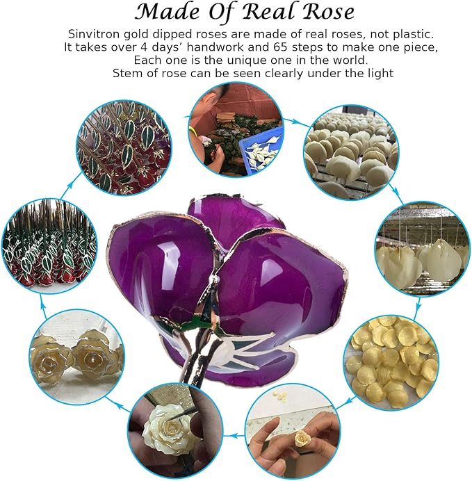 Sinvitron Gold Dipped Infinity Rose Forever Flower Decor, Resin Preserved Real Rose Birthday Gift for Women, Anniversary Present for Mom (Purple)