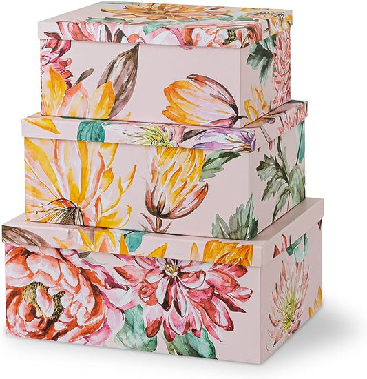 Soul & Lane Decorative Cardboard Storage Boxes with Lids for Home Decor and Organization, Set of 3 Large Keepsake Boxes for Memories & Gifts, Nesting Floral Photo Storage Containers, Beauty in Bloom