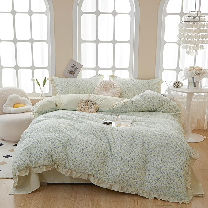 VM VOUGEMARKET Green Comforter Set Twin with Lace Edge Blue Flower Bedding Comforter Set Reversible Romantic Ruffle Comfroter Cover with 2 Pillow Shams(3pcs,Twin XL)