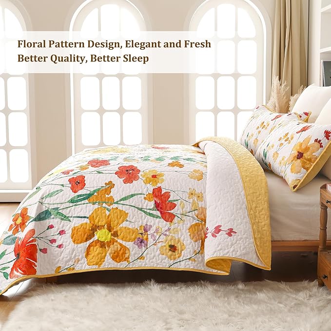 Anibedding Quilt Set Full Size, Yellow Floral Reversible Bedspread Soft Microfiber Lightweight Full Quilt Bedding Sets Reversible Coverlet for All Season(78"x90")