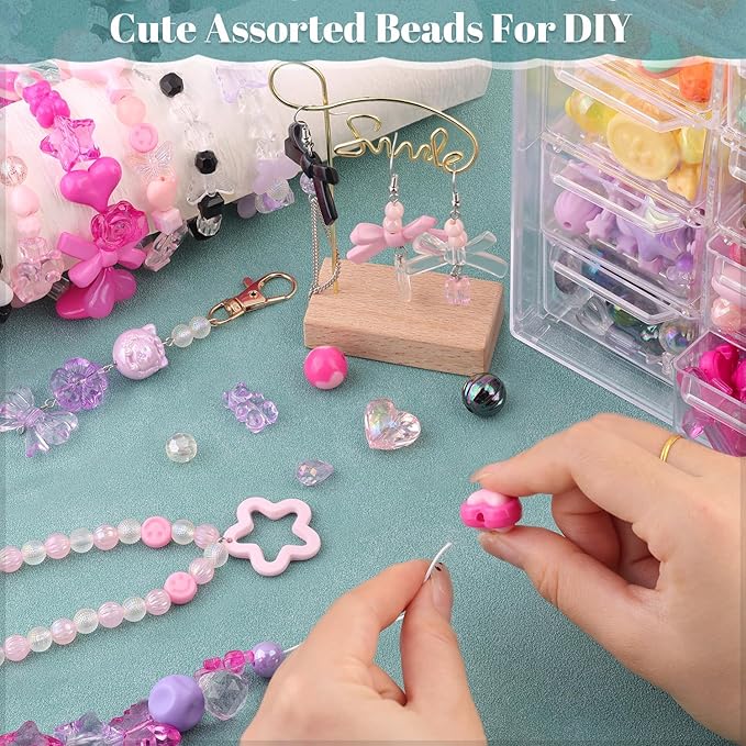 Assorted 210-270PCS Acrylic Beads for Bracelet Making,Flower Bow Candy GummyBear Kawaii Bracelet Charms, Cute Beads for Jewelry Making Necklace Keychain Phone Charm Christmas Gifts DIY